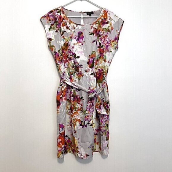 THE LIMITED Lilac Lavender Purple Gray ish Floral Satin Cap Sleeve Belted Dress - Picture 1 of 16